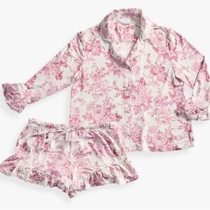 LoveShackFancy Pink Floral Ruffle-Trim Pajama TOP ONLY